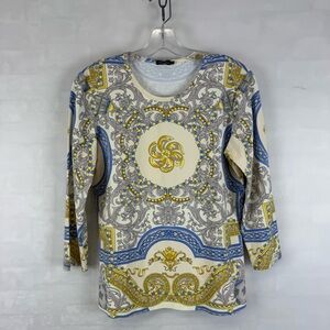 J McLaughlin Catalina Cloth Top Womens M Blue Gold Scroll Stretch Knit